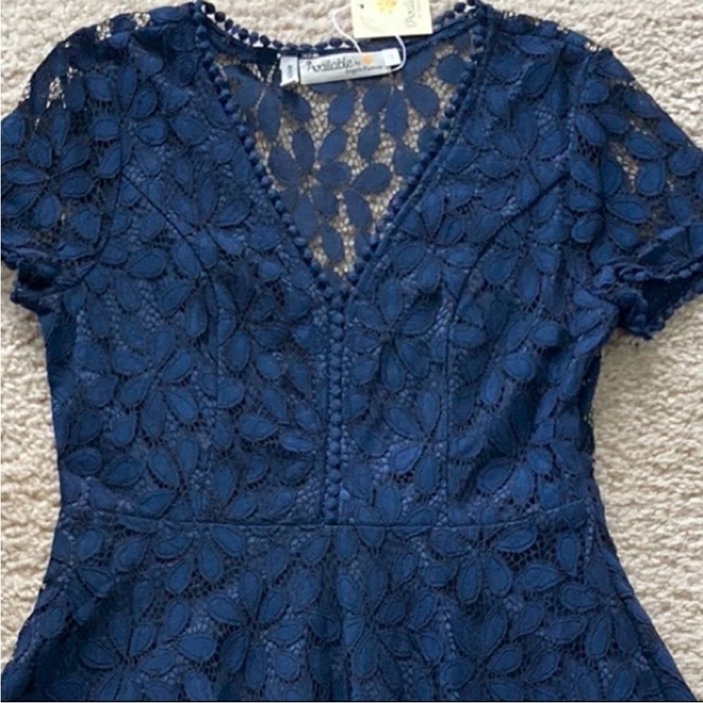 Navy Blue Lace Short Sleeve Dress - Picture 2 of 9